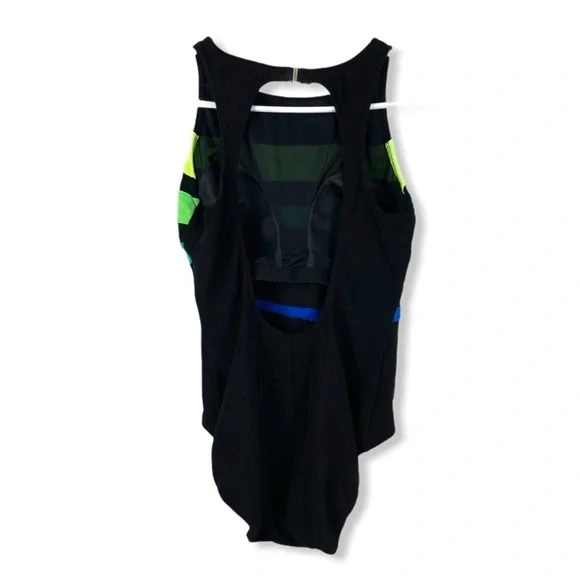 Color Block Stripe Textured One Piece High Neck Keyhole Back Swimsuit - Vintage - Picture 8 of 13